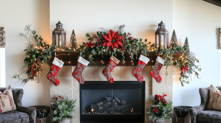 A beautifully decorated Christmas mantel with garlands, stockings, and twinkling fairy lights, creating a cozy atmosphere.の素材