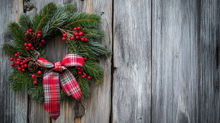A close-up of a Christmas wreath made of pine branches, red berries, and a plaid ribbon, hanging on a rustic wooden door.の素材
