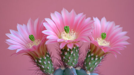 A close-up of a pink cactus flower in bloom, showcasing its vibrant color and delicate petals, against a muted pink background.の素材