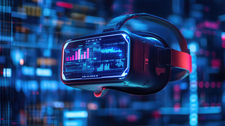 A virtual reality headset displaying data analytics, illustrating big data in immersive technologies.の素材