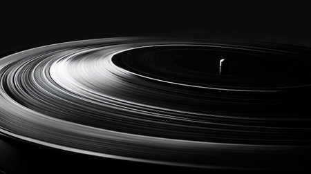 A close-up of a vintage vinyl record spinning on a turntable, with the needle gently gliding along the grooves.の素材