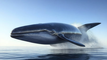 A high-resolution photograph of a blue whale surfacing in the ocean, with water spraying from its blowhole under a clear sky.の素材