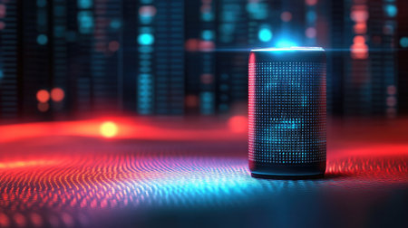 A virtual assistant device with waveform graphics, indicating voice recognition powered by machine learning.の素材