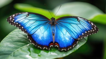 A close-up of a blue morpho butterfly with wings spread, resting on a leaf, showcasing its iridescent blue scales.の素材