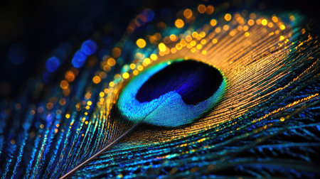 A close-up of a vibrant peacock feather displaying its intricate patterns and iridescent colors.の素材