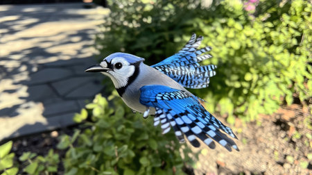 A detailed photograph of a blue jay in mid-flight, wings spread wide against a blurred green background.の素材