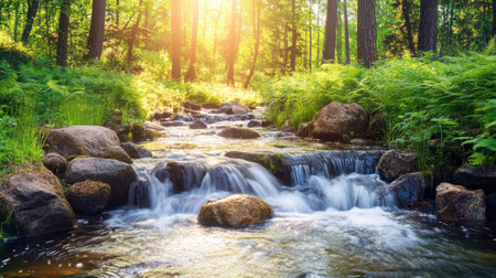 A tranquil forest stream flowing over smooth stones, surrounded by lush ferns and dappled sunlight filtering through the trees.の素材