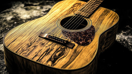 A classic acoustic guitar with a wooden finish, positioned on a black background, highlighting its craftsmanship and design.の素材