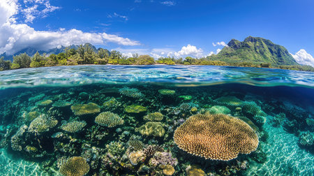 Aerial view of a coral reef visible through crystal-clear waters, with vibrant marine life and colorful corals just beneath the ocean's surface.の素材