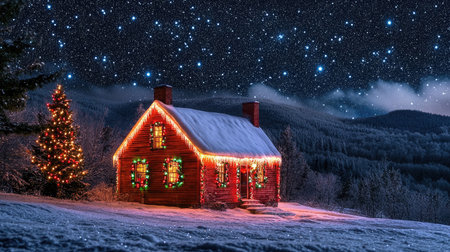 A snow-covered cottage illuminated by colorful Christmas lights, nestled in a serene winter landscape under a starlit sky.の素材