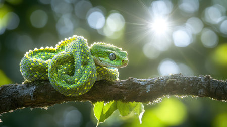 A high-definition image of a green snake coiled elegantly on a tree branch, with its scales glistening under filtered sunlight.の素材