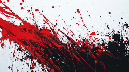 An image of red paint splashes on a white canvas, capturing the dynamic movement and contrast of colors.の素材
