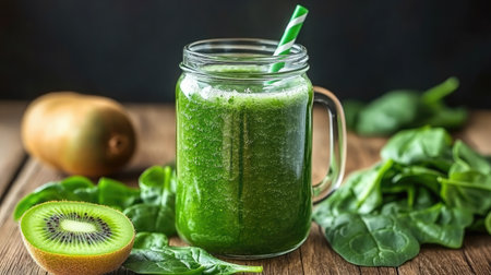 A high-resolution image of a green smoothie in a glass jar, surrounded by fresh spinach leaves and kiwi slices on a rustic wooden table.の素材