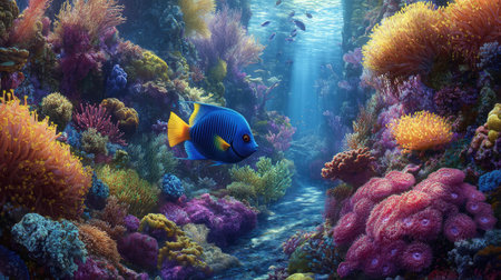 A high-definition image of a blue tang fish swimming near a sea anemone, its vibrant colors contrasting with the surrounding marine life.の素材