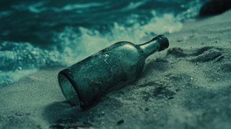 A close-up of a message in a bottle partially buried in the sand, with the ocean in the background, evoking a sense of mystery and adventure.の素材