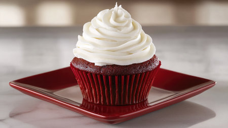 A close-up of a red velvet cupcake with cream cheese frosting, placed on a red plate, appealing to dessert enthusiasts.の素材