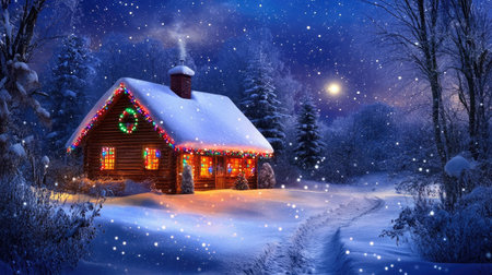 A snow-covered cottage illuminated by colorful Christmas lights, nestled in a serene winter landscape under a starlit sky.の素材