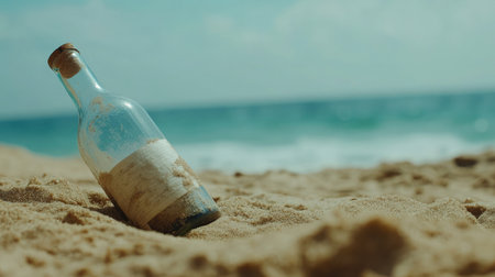 A close-up of a message in a bottle partially buried in the sand, with the ocean in the background, evoking a sense of mystery and adventure.の素材