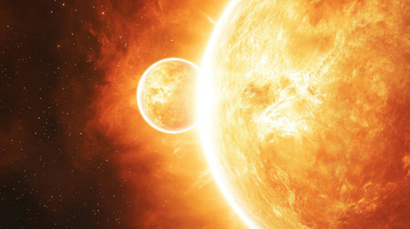 An artistic rendering of a distant exoplanet orbiting a binary star system, with dual suns casting unique shadows on the planet's surface.の素材