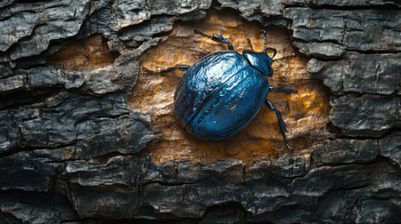 A macro image of a blue beetle on a tree bark, its iridescent shell reflecting light against the rough texture.の素材