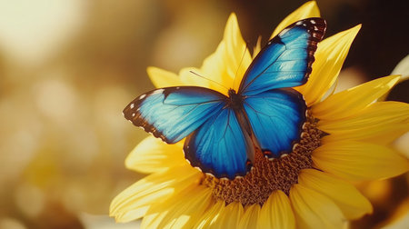 A macro shot of a blue butterfly resting on a yellow sunflower, highlighting the contrast between the vibrant colors.の素材