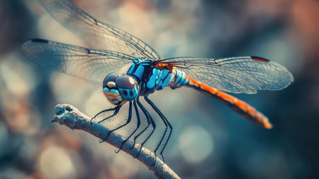A macro image of a blue dragonfly resting on a twig, with its intricate wing patterns and compound eyes clearly visible.の素材
