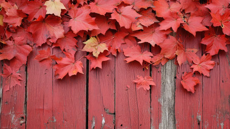A high-definition shot of red maple leaves scattered on a red wooden surface, embodying the essence of autumn.の素材