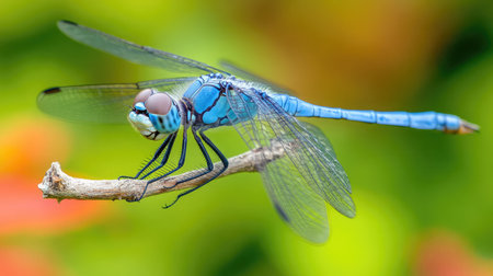 A macro image of a blue dragonfly resting on a twig, with its intricate wing patterns and compound eyes clearly visible.の素材