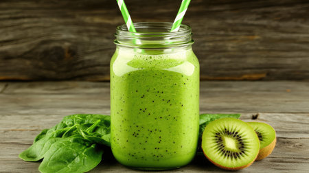 A high-resolution image of a green smoothie in a glass jar, surrounded by fresh spinach leaves and kiwi slices on a rustic wooden table.の素材