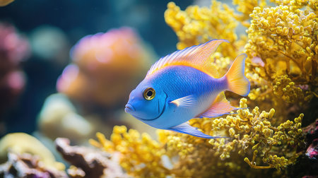 A high-definition image of a blue tang fish swimming among colorful coral reefs, its bright colors standing out in the clear water.の素材