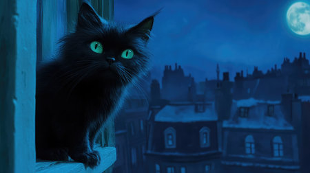 A close-up of a black cat with piercing green eyes, perched on a windowsill overlooking a moonlit, haunted landscape.の素材