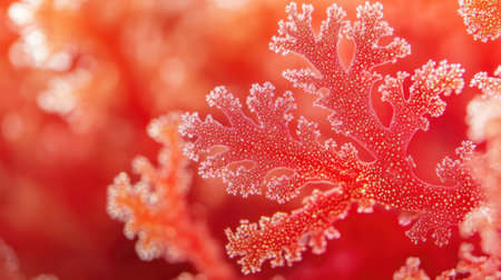 A macro photograph of red coral branches, showcasing their intricate structure and vibrant color against a red backdrop.の素材