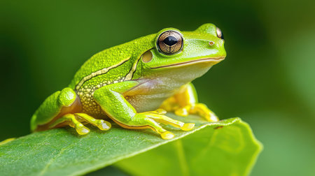 A macro photograph of a green tree frog perched on a leaf, highlighting its vivid colors and textured skin in a natural habitat.の素材