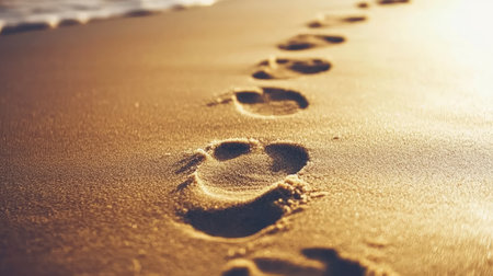 A close-up of footprints leading away on wet sand, with gentle waves washing over them, symbolizing a journey or passage of time.の素材