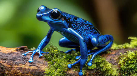 A high-resolution photograph of a blue poison dart frog sitting on a moss-covered log, its vibrant skin contrasting with the green moss.の素材