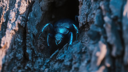 A macro image of a blue beetle on a tree bark, its iridescent shell reflecting light against the rough texture.の素材