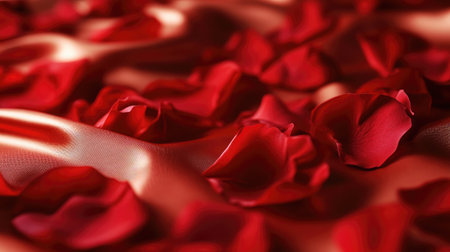 A high-resolution shot of red rose petals scattered on a red satin sheet, creating a romantic and luxurious ambiance.の素材