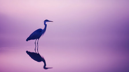 A high-resolution photograph of a blue heron wading in shallow water, its reflection mirrored on the calm surface.の素材