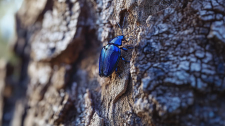 A macro image of a blue beetle on a tree bark, its iridescent shell reflecting light against the rough texture.の素材