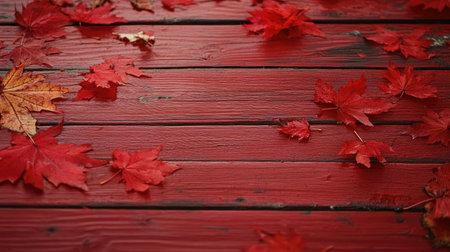 A high-definition shot of red maple leaves scattered on a red wooden surface, embodying the essence of autumn.の素材