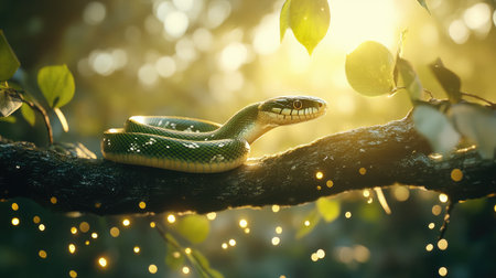 A high-definition image of a green snake coiled elegantly on a tree branch, with its scales glistening under filtered sunlight.の素材