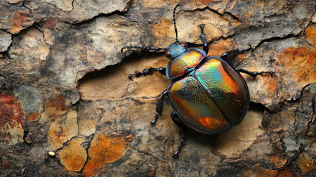A macro image of a blue beetle on a tree bark, its iridescent shell reflecting light against the rough texture.の素材