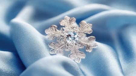 A high-resolution image of a single snowflake resting on a blue woolen fabric, showcasing its intricate crystalline structure in sharp detail.の素材
