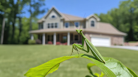A macro photograph of a green praying mantis perched on a leaf, showcasing its detailed features and natural camouflage.の素材