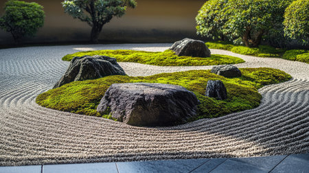 A serene image of a Japanese Zen garden with meticulously raked gravel patterns and strategically placed green moss-covered stones.の素材