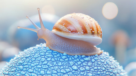 A macro image of a snail on a blue mushroom cap, with its antennae extended and shell glistening under soft light.の素材