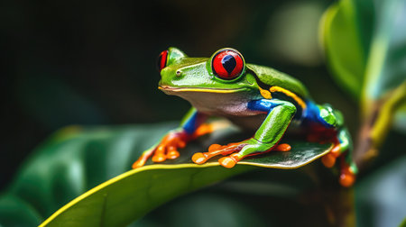A macro photograph of a green tree frog perched on a leaf, highlighting its vivid colors and textured skin in a natural habitat.の素材