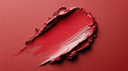 A macro photograph of red lipstick smear on a red surface, highlighting the creamy texture and rich pigment.の素材