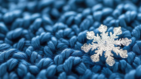 A high-resolution image of a single snowflake resting on a blue woolen fabric, showcasing its intricate crystalline structure in sharp detail.の素材