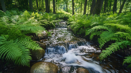 A tranquil forest stream flowing over smooth stones, surrounded by lush ferns and dappled sunlight filtering through the trees.の素材